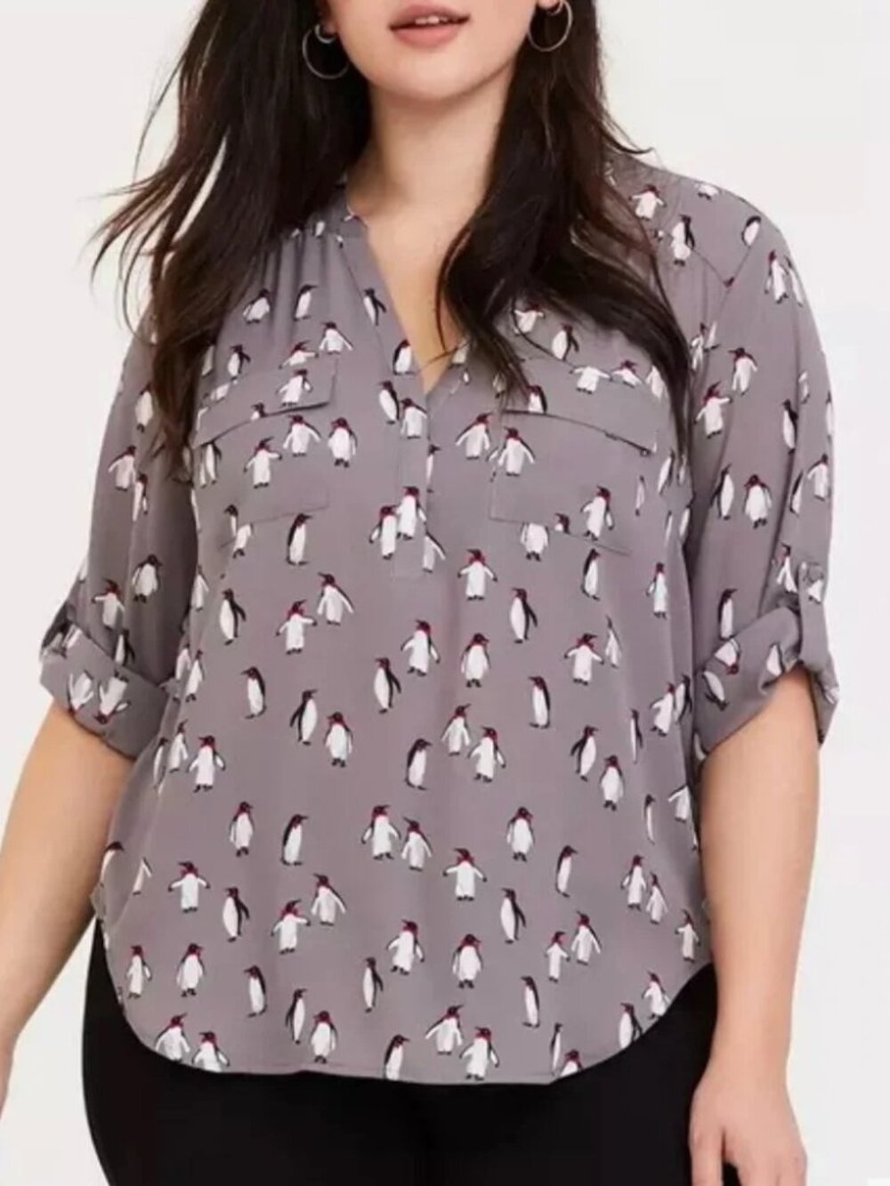 Torrid Harper Penguin Blouse 2X Gray Novelty Print Plus Size